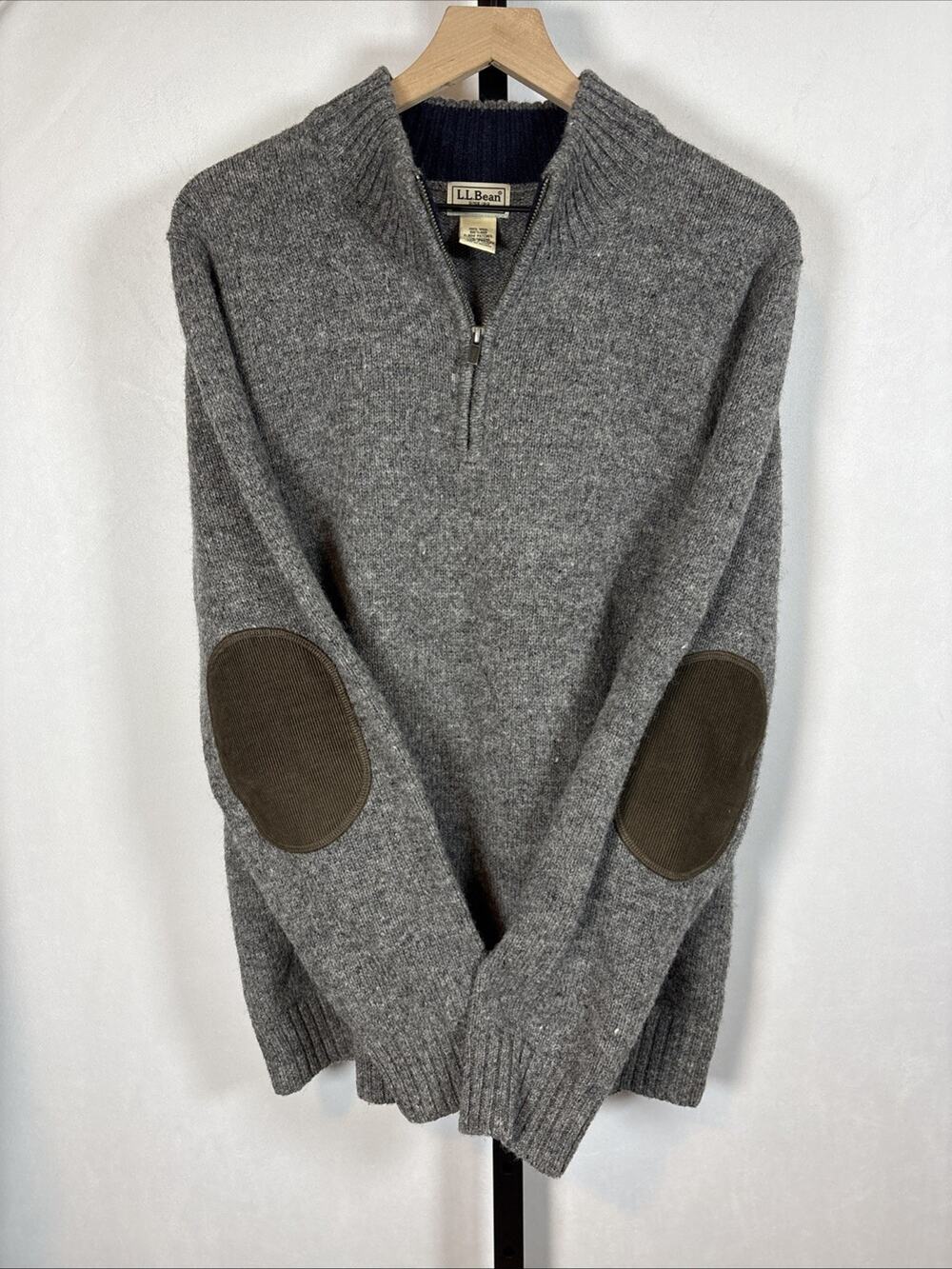 L.L. Bean Ragg Wool 1/4 Zip Sweater Mens Large Gray Elbow Patches Academia Cozy